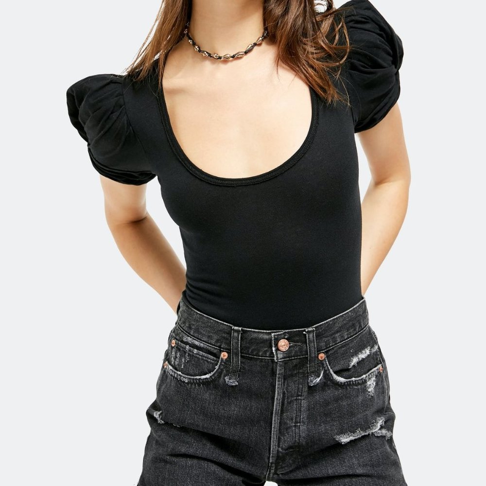 Free People Ava Puff Sleeve Black Bodysuit XS NWT